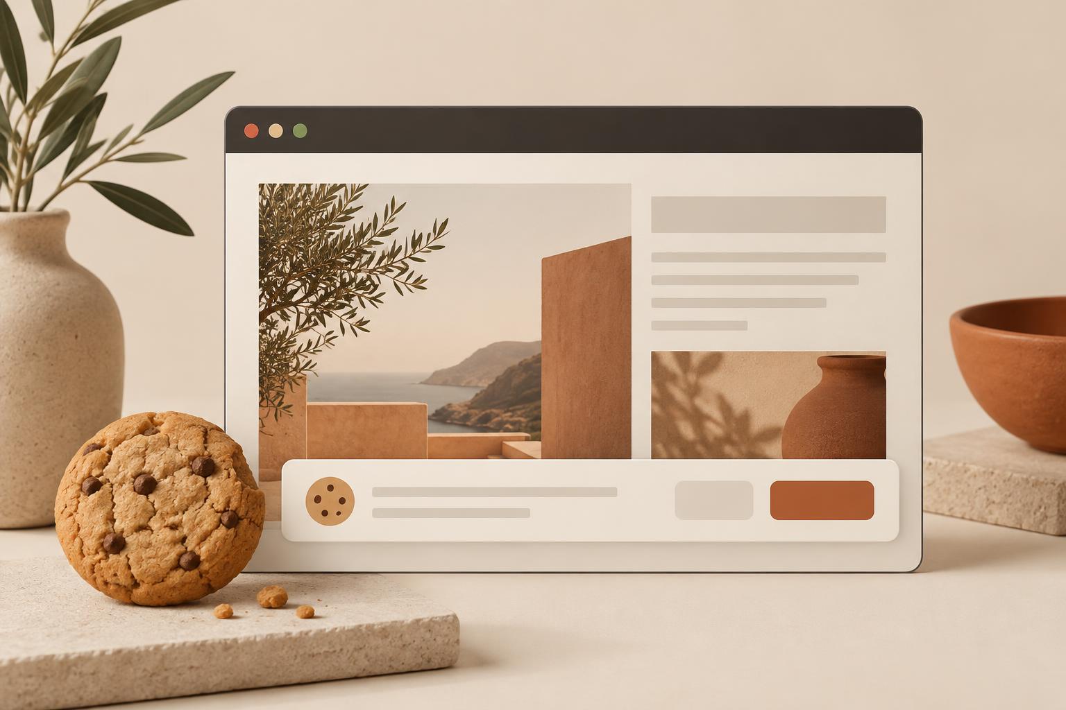 Окно браузера с cookie-баннером и печенье на песочном фоне