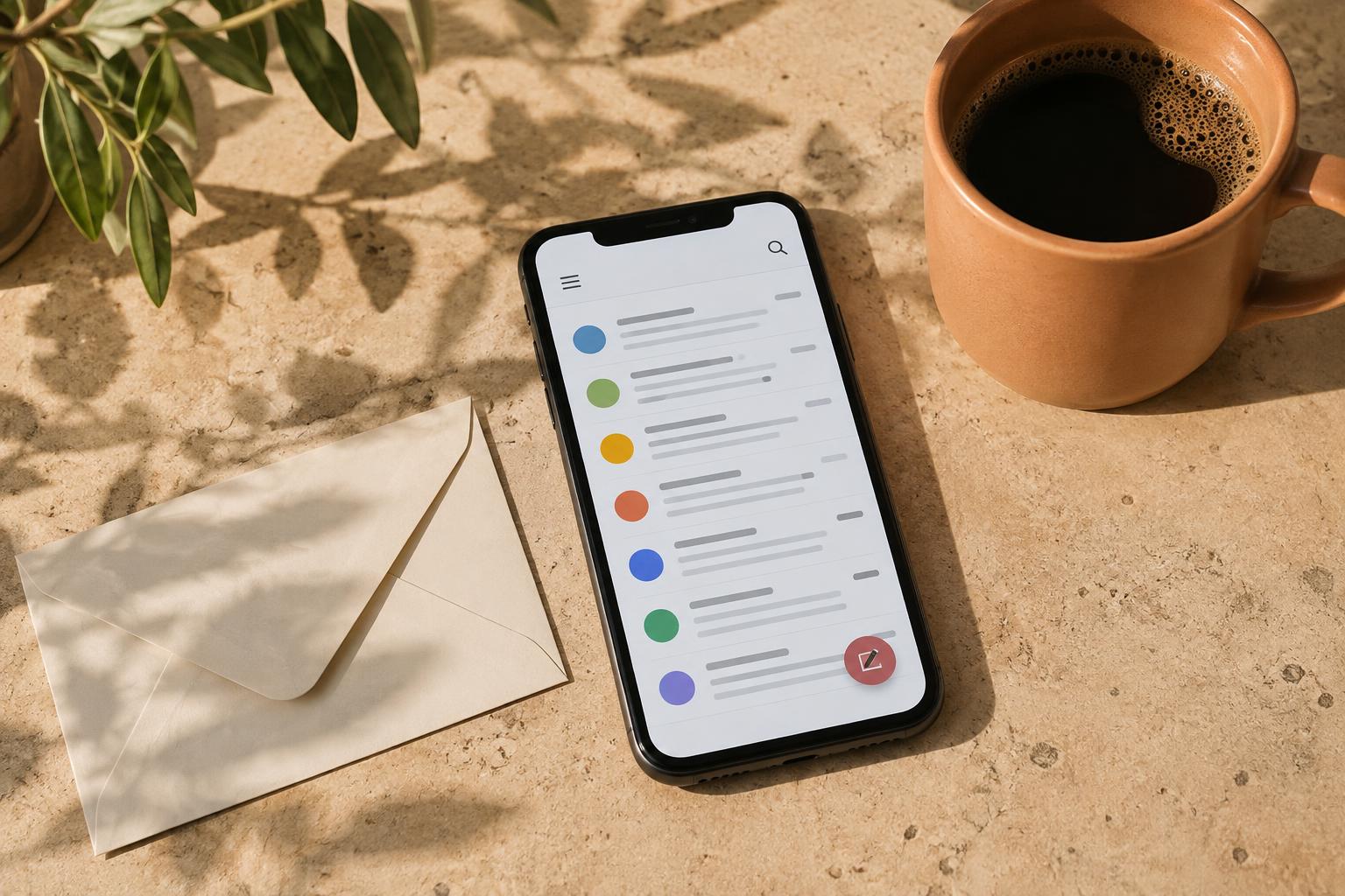 Смартфон с почтовым ящиком, конверт и чашка кофе